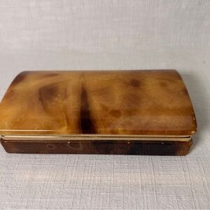 Vintage MCM 70s Alabaster Hinge Jewelry Trinket Box Brown Amber Gold Brass